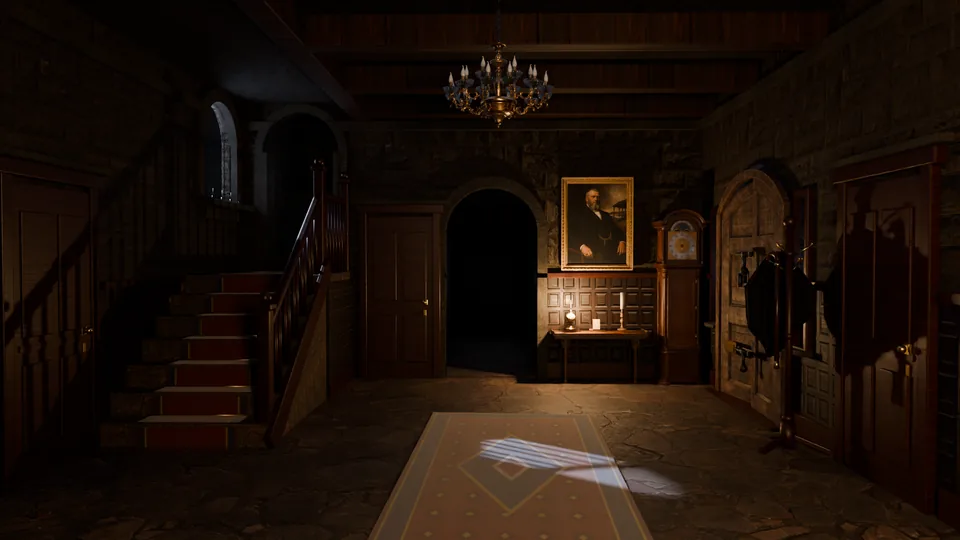 The hall by lamplight: a staircase, a portrait over the hall table and the front door in shadow