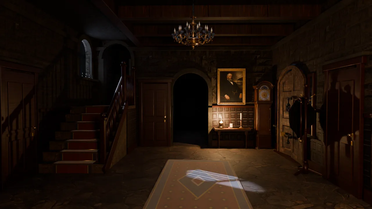 The hall of Sallow House by lamplight: a staircase, a portrait, the lamp on the hall table