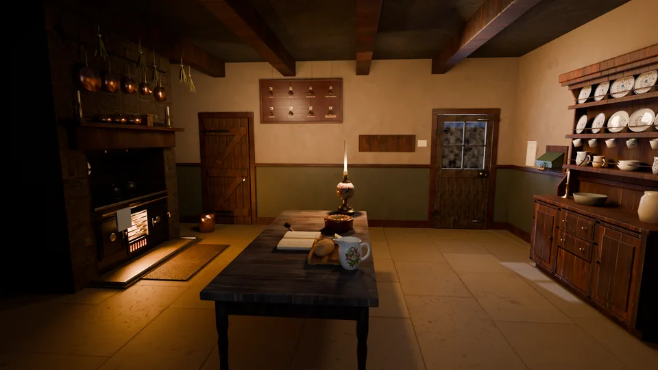 The kitchen: the range lit, a candle on the long table, a dresser of plates