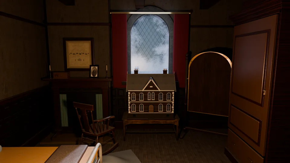 The nursery: a dolls' house under a frosted window, a rocking chair, the wardrobe door ajar