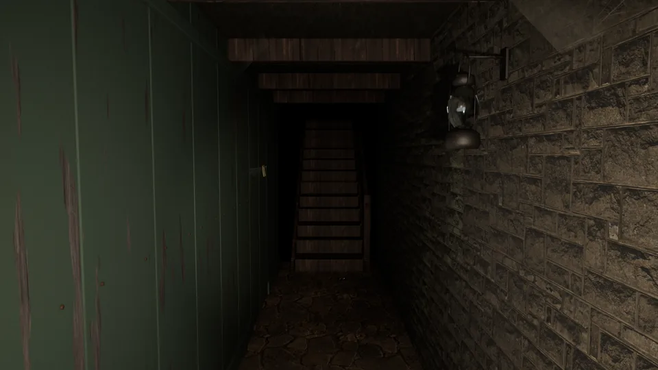 A narrow stone passage by the light of one lantern, stairs going down into the dark