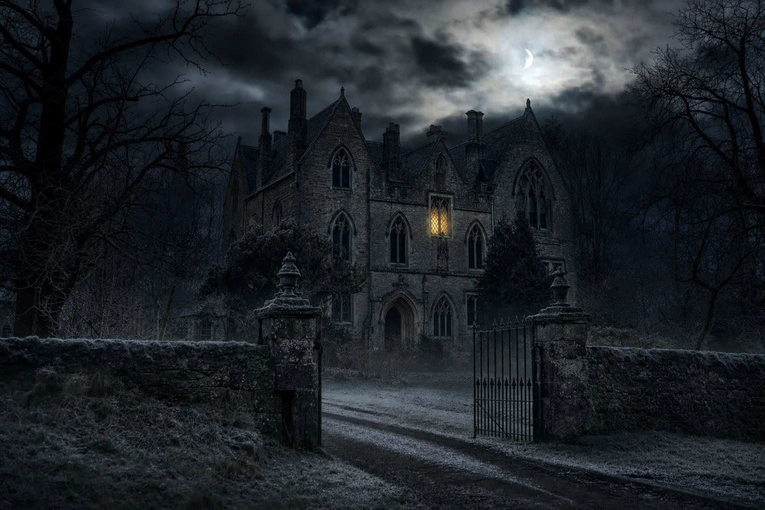 Sallow House at night: a Gothic manor with one lamp-lit window behind an open iron gate