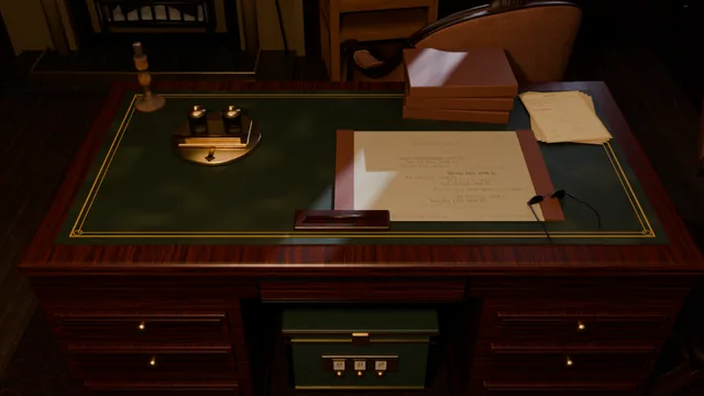 The study desk by lamplight: papers, an inkstand and a drawer with a three-digit lock