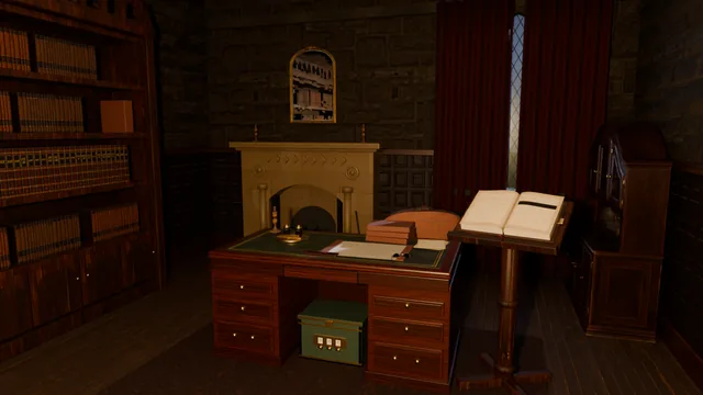 The study: shelves of ledgers, a desk and a reading stand by the fireplace